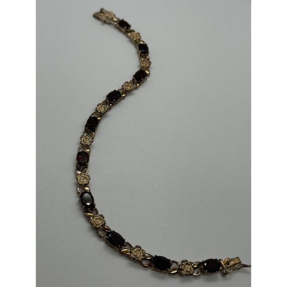 925 STERLING SILVER GARNET FLOWERS BRACELET - Picture 1 of 10